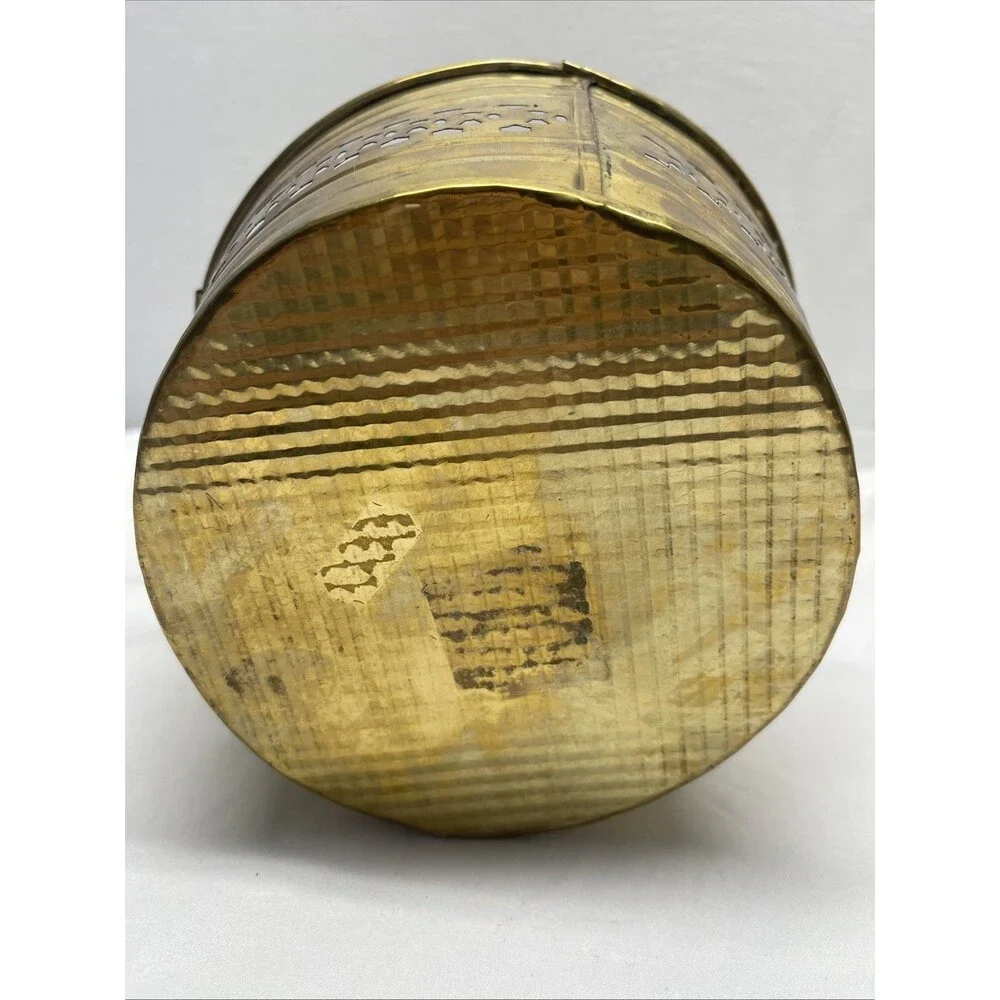 Vintage Solid Brass Pierced Basket Handle Decorative Ornate Planter Round India